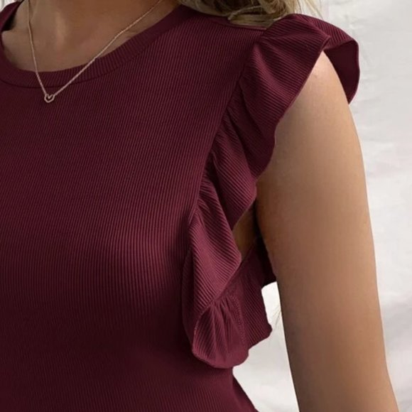 Burgundy Ruffle Sleeve Rib Knit Top in M and L - Picture 3 of 3